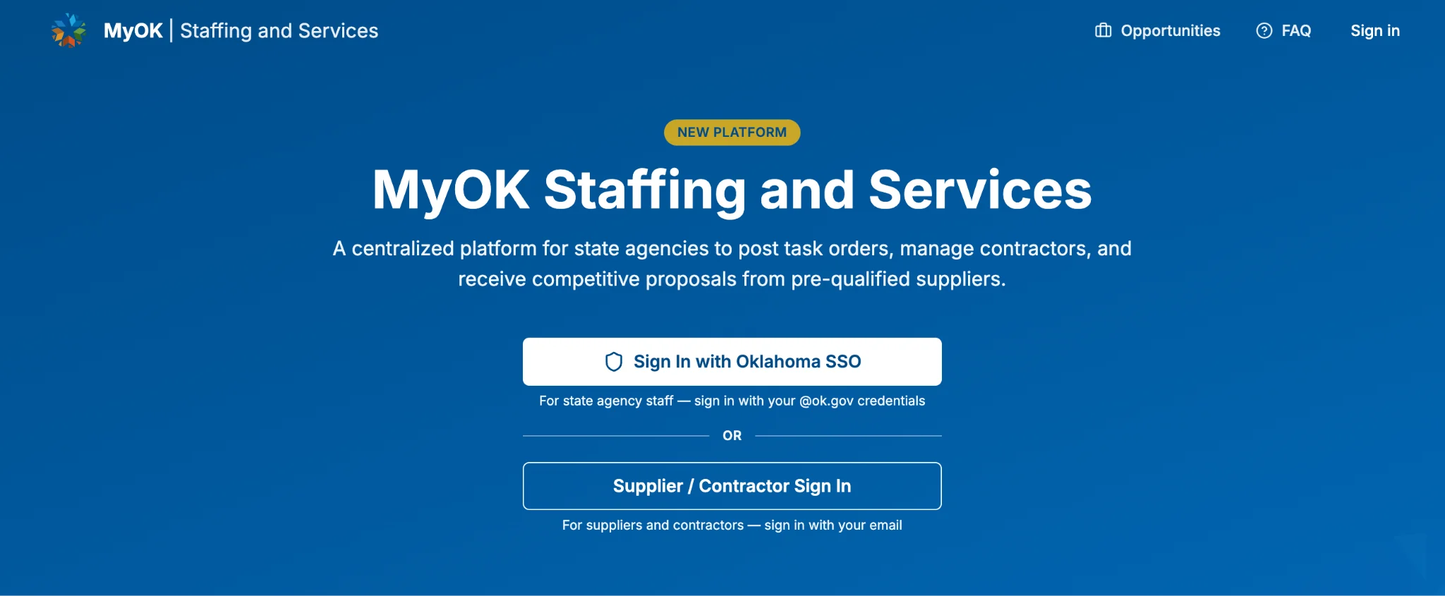 The MyOK Staffing and Services portal home page, with sign-in options for state agency staff and for suppliers and contractors.