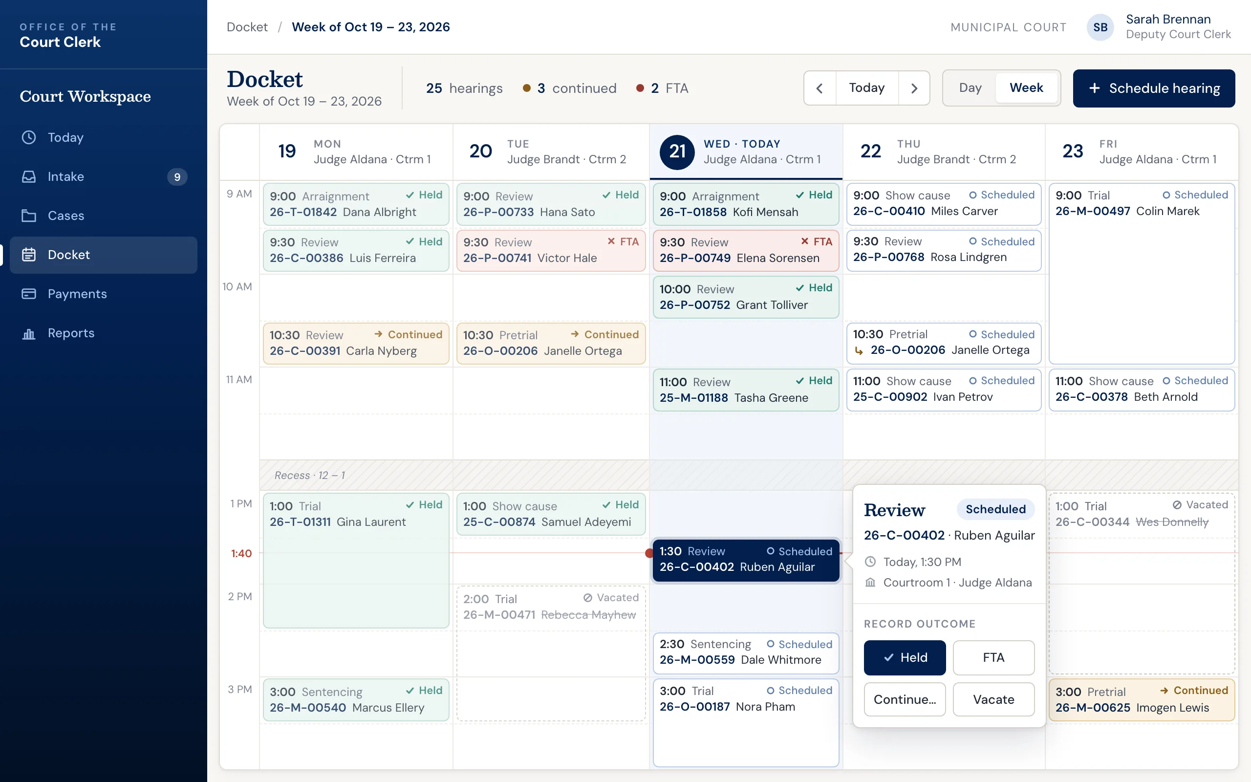 Court case management software: weekly hearing docket for a municipal court, with a panel for recording hearing outcomes