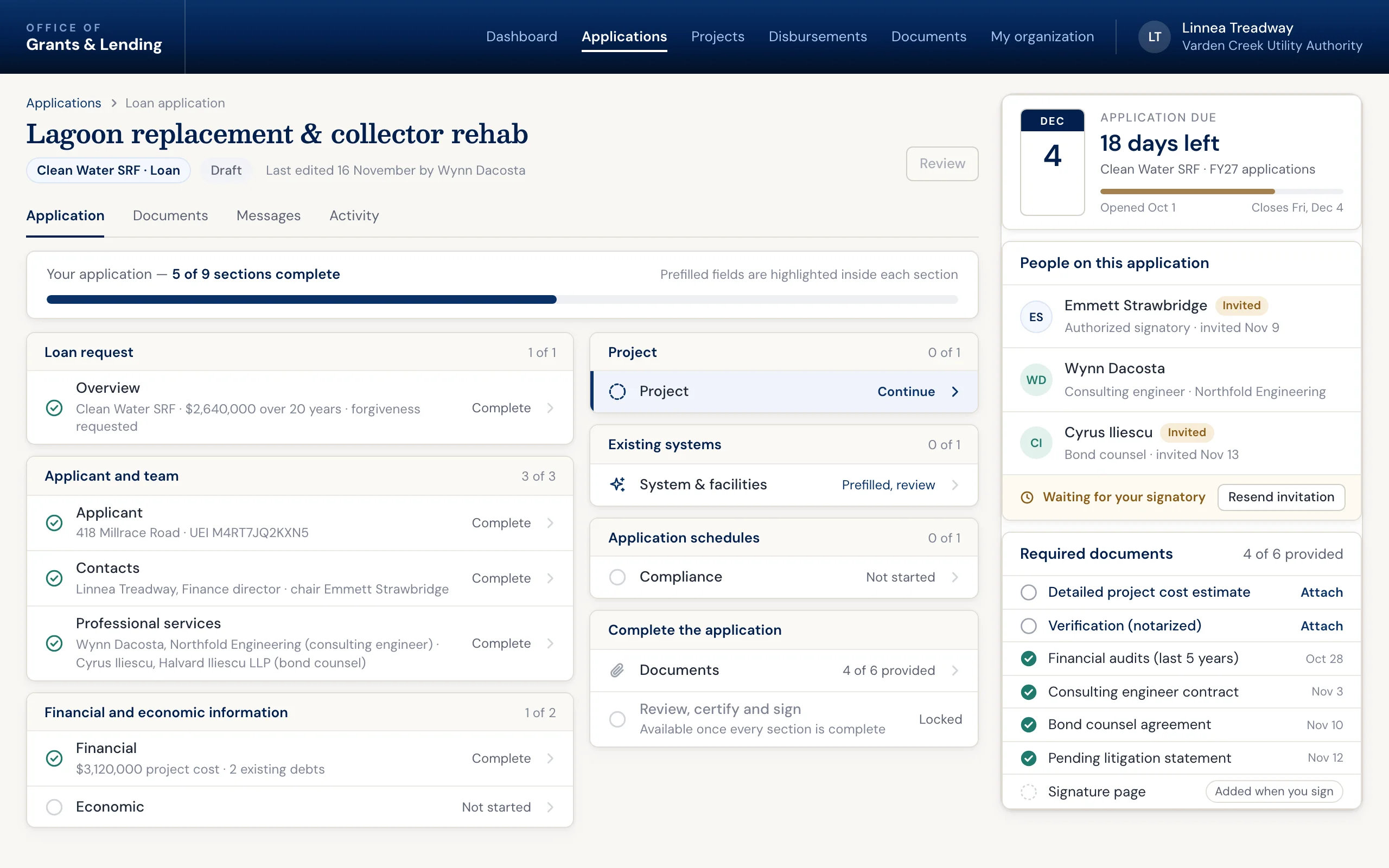Grant management software: an applicant&rsquo;s funding application overview in the applicant portal, with application sections, uploaded documents, and invited collaborators