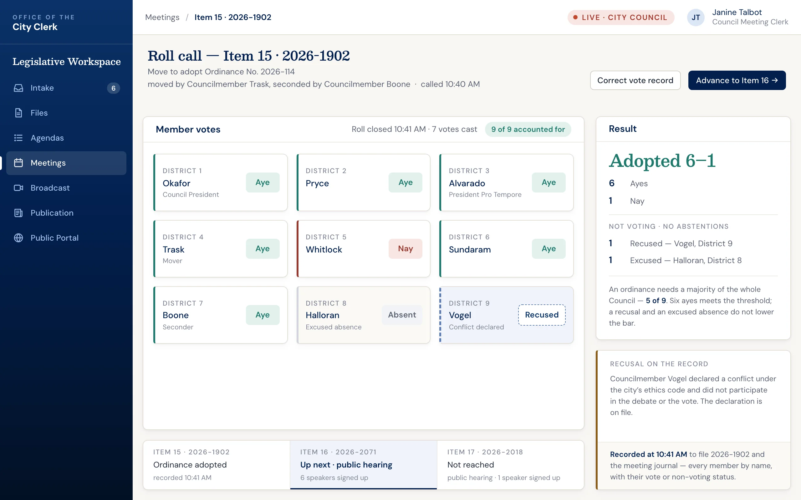 Legislative management software: live city council roll-call vote with each member's vote and the adopted result
