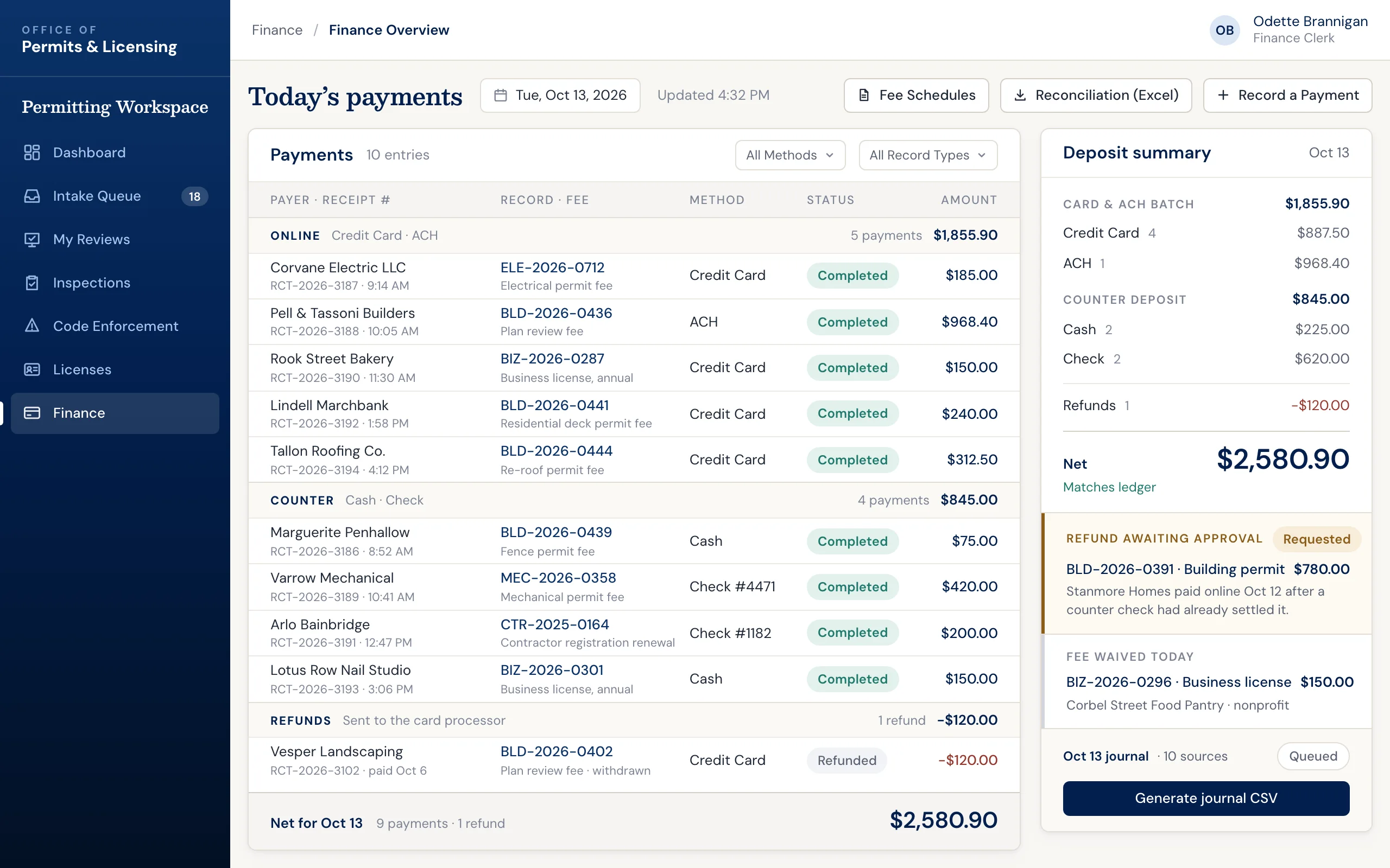 Permitting software: permit fees and payments ledger with online and counter payments, receipts, and a reconciliation export