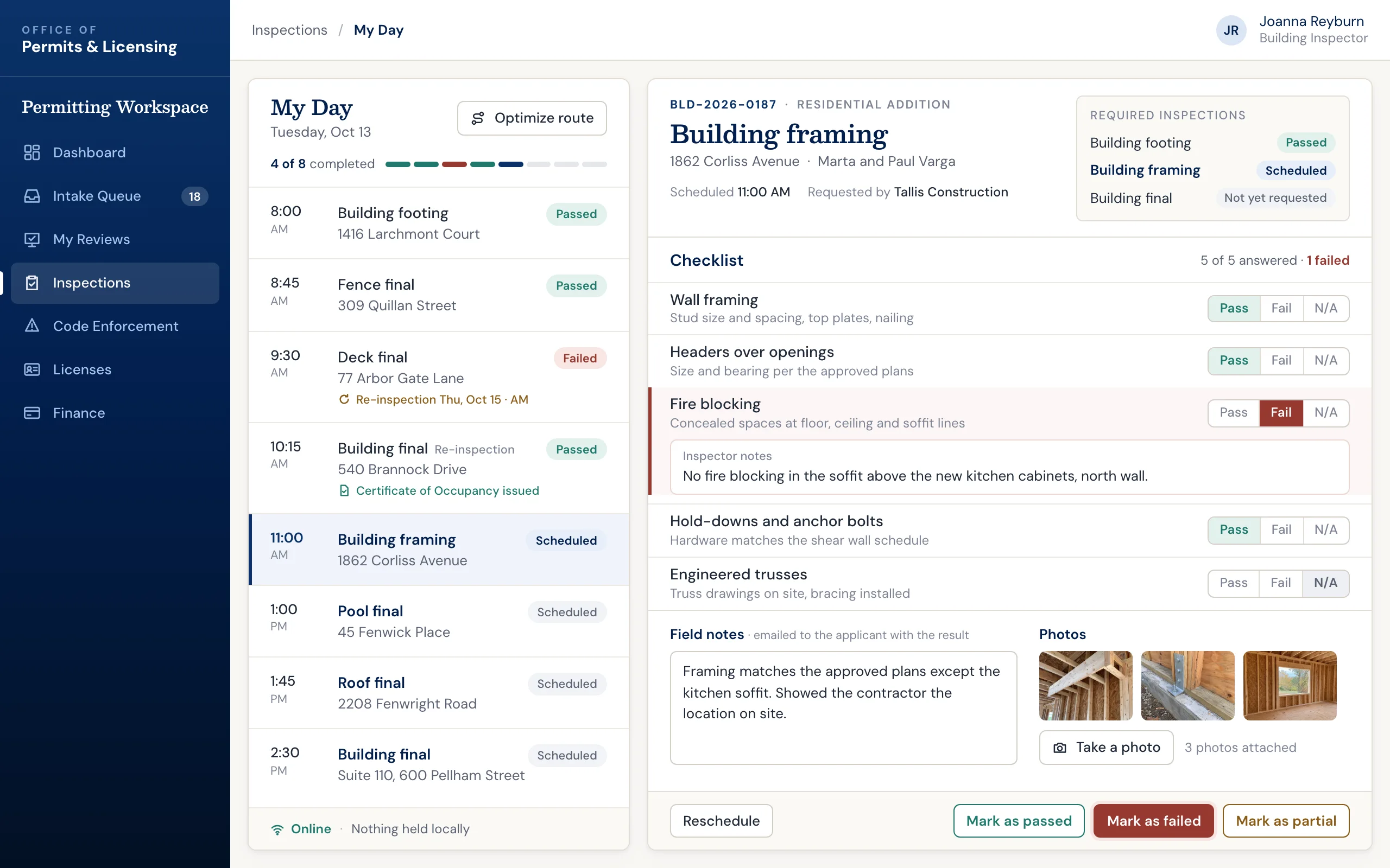 Permitting software: a building inspector's daily inspection list beside a framing inspection checklist with pass and fail results, field notes, and photos