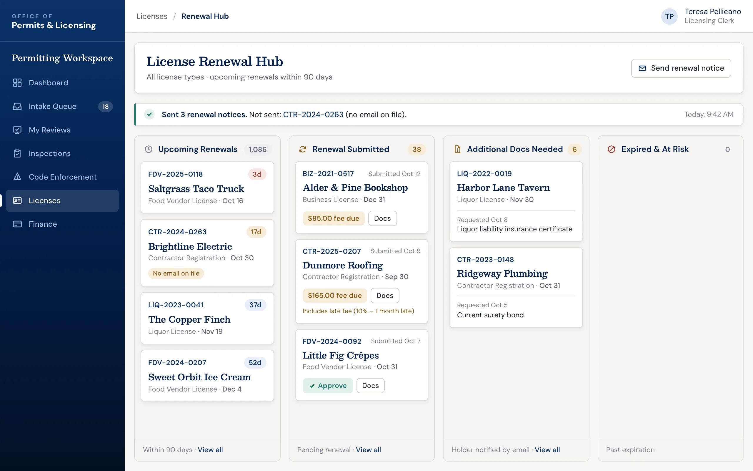 Business licensing software: license renewal board with upcoming renewals, submitted renewals, requested documents, and late fees