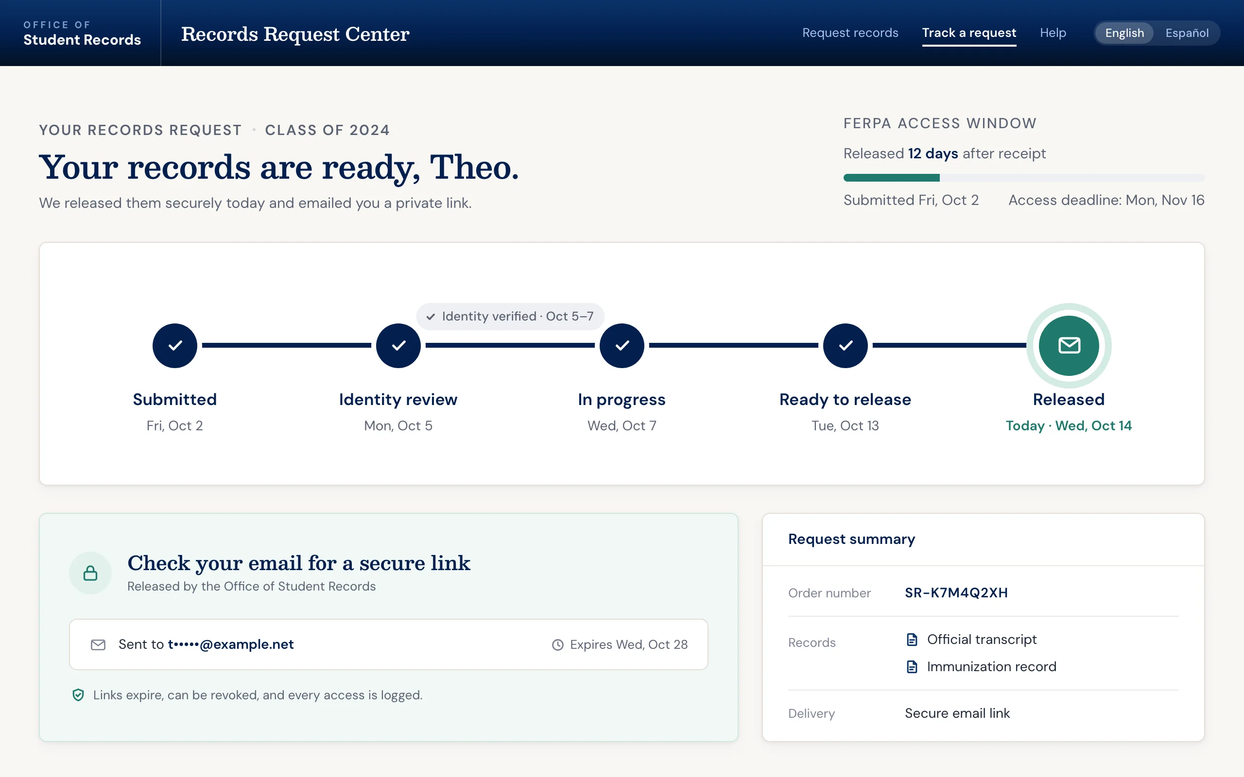 Records request software: online portal tracking a student records request from submission to secure release
