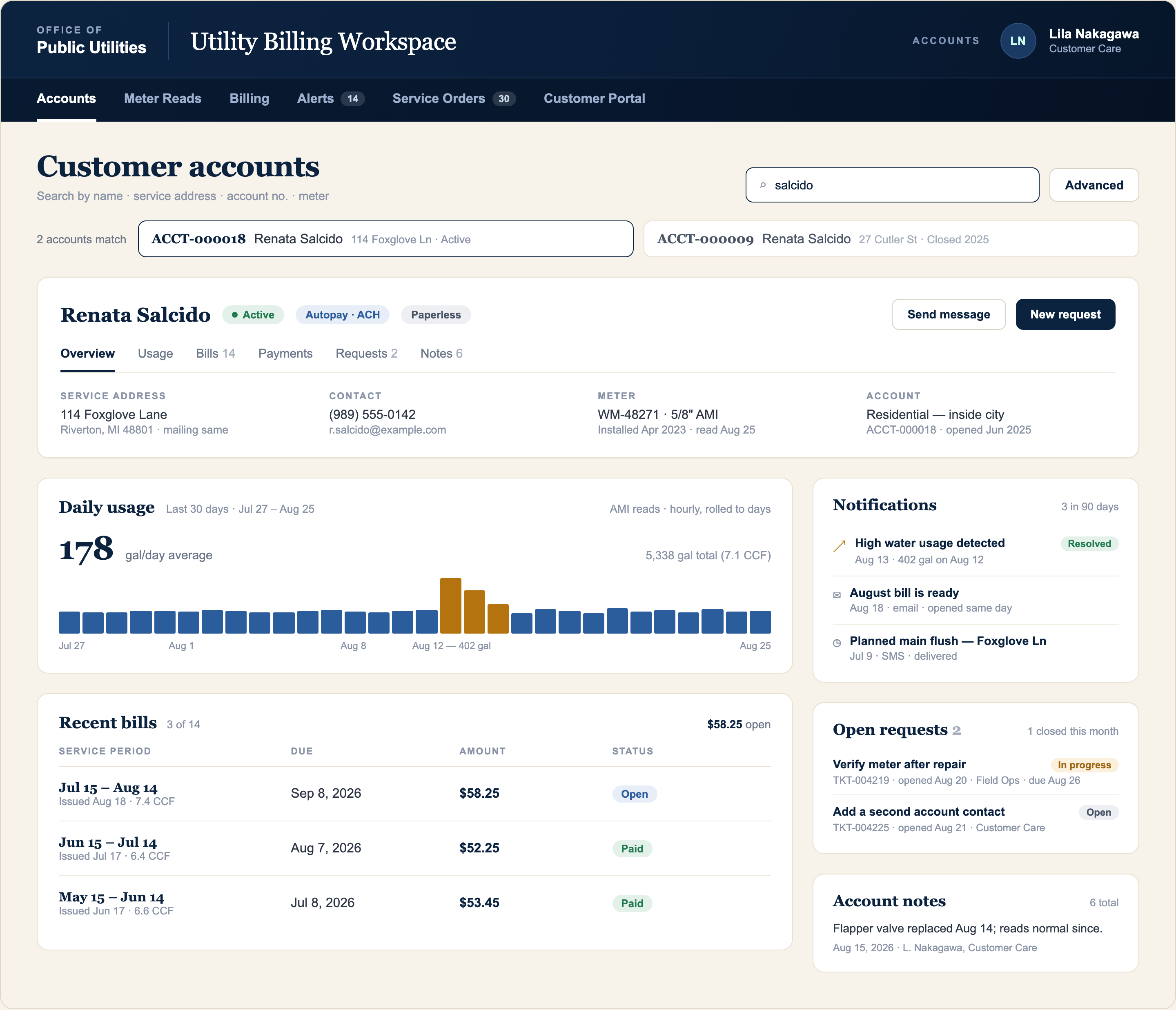 Customer account showing daily water use, recent bills, notifications, and open service requests.