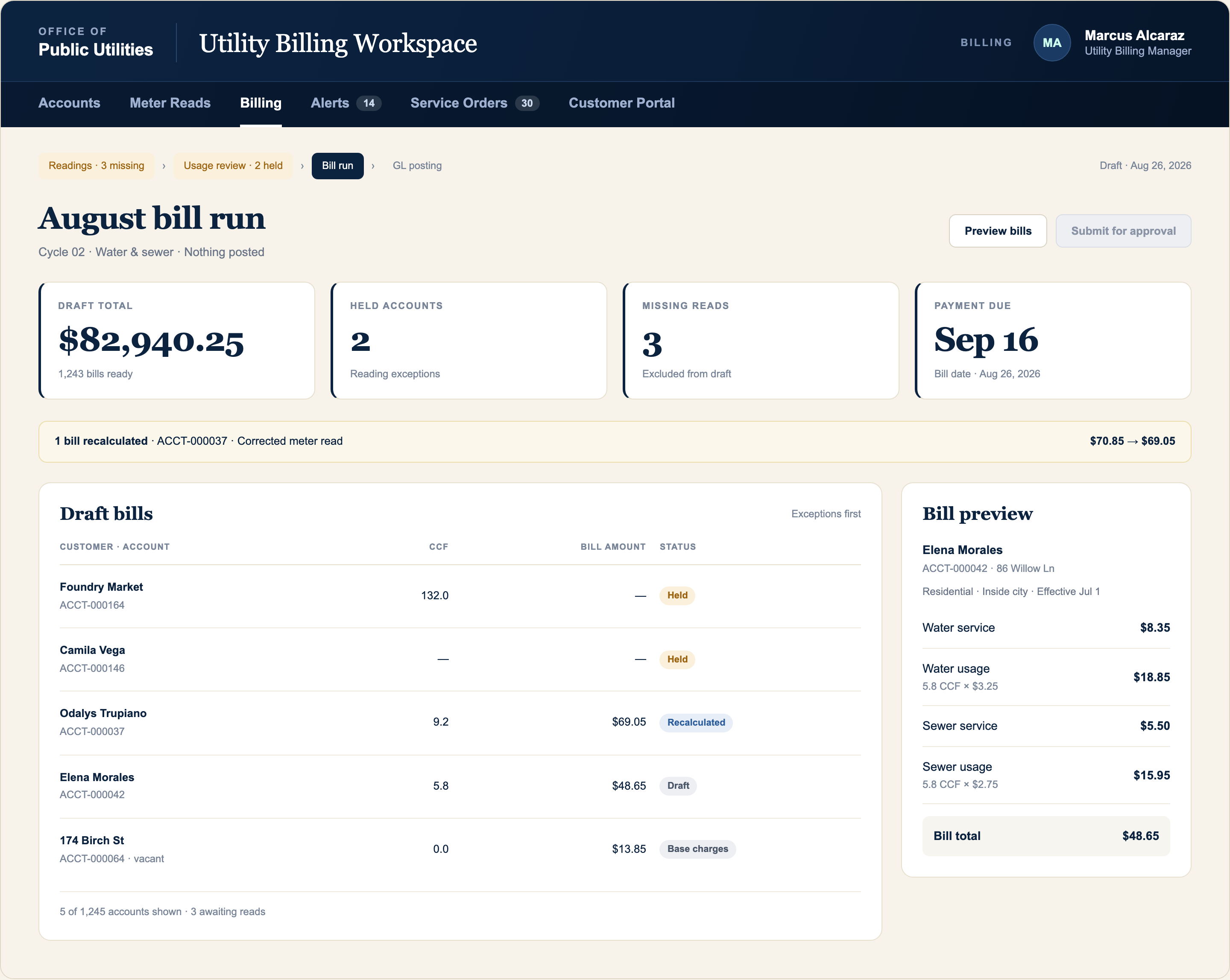 Utility billing run showing draft bills, accounts held for review, and an itemized bill preview.