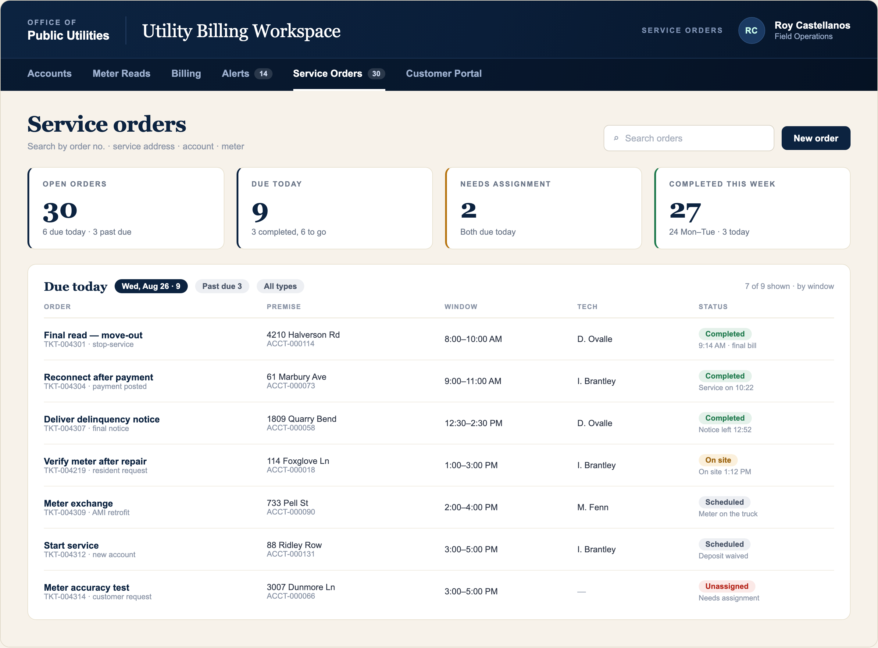 Utility service orders showing assigned staff, scheduled visits, due dates, and job status.