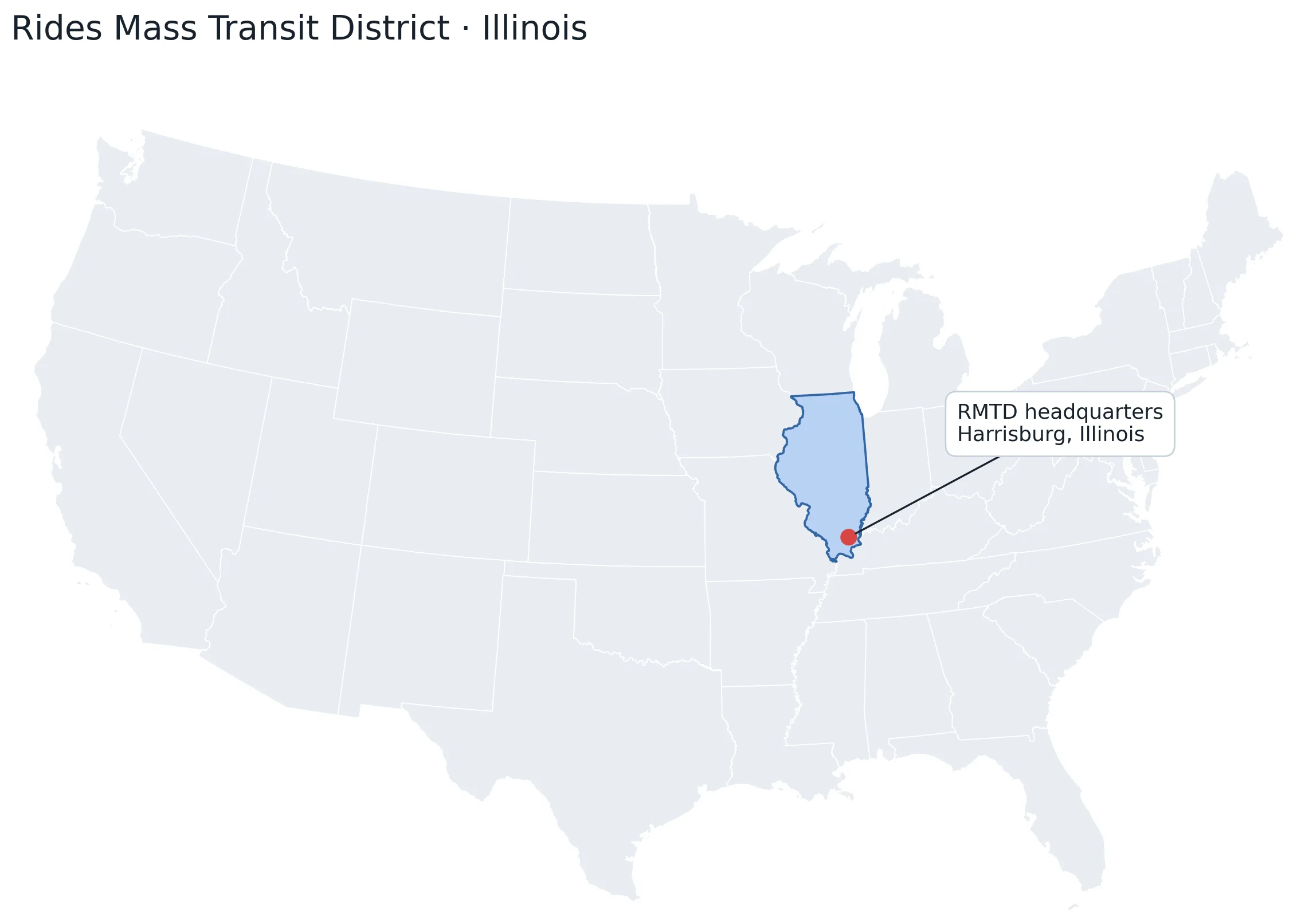 A map of the United States with Illinois highlighted and a marker on Harrisburg, in the south of the state, labelled RMTD headquarters.